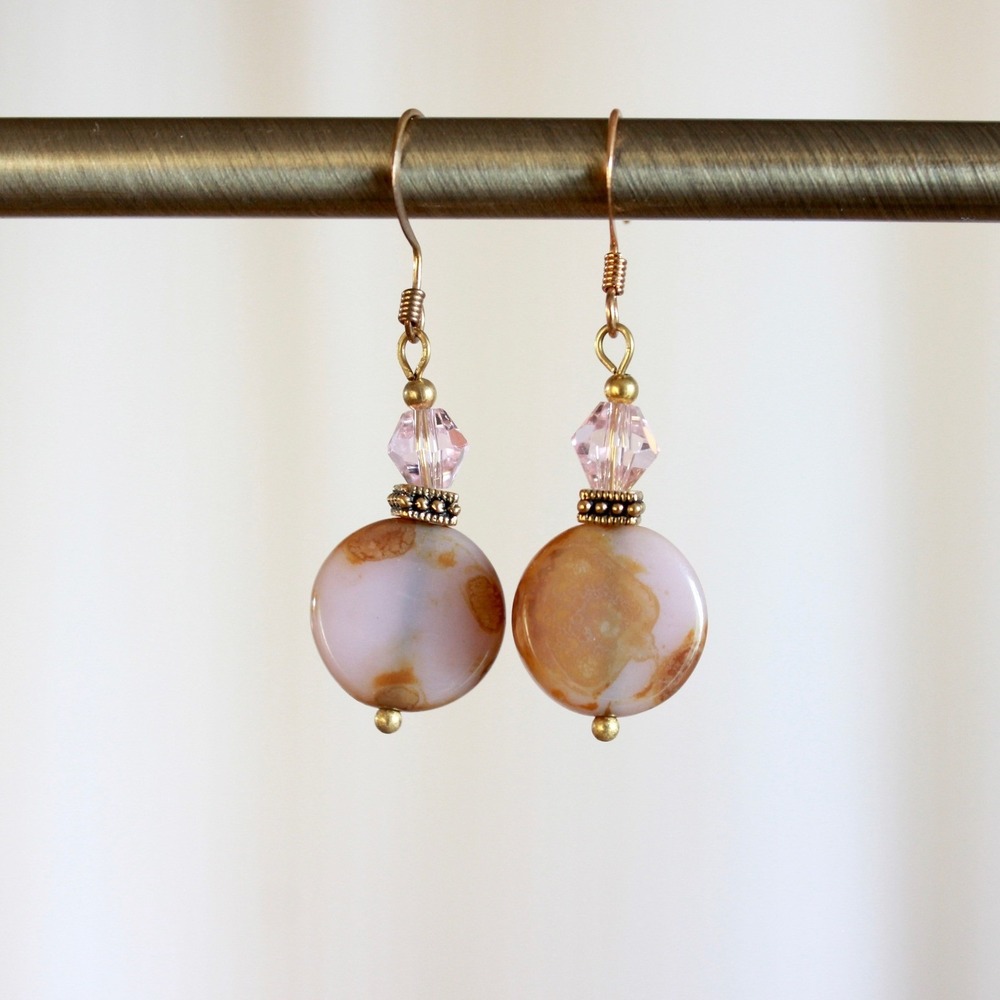 Boho Pink Marbled Stone Drop Earrings Gold Tone Crystal Accent French Hook J4